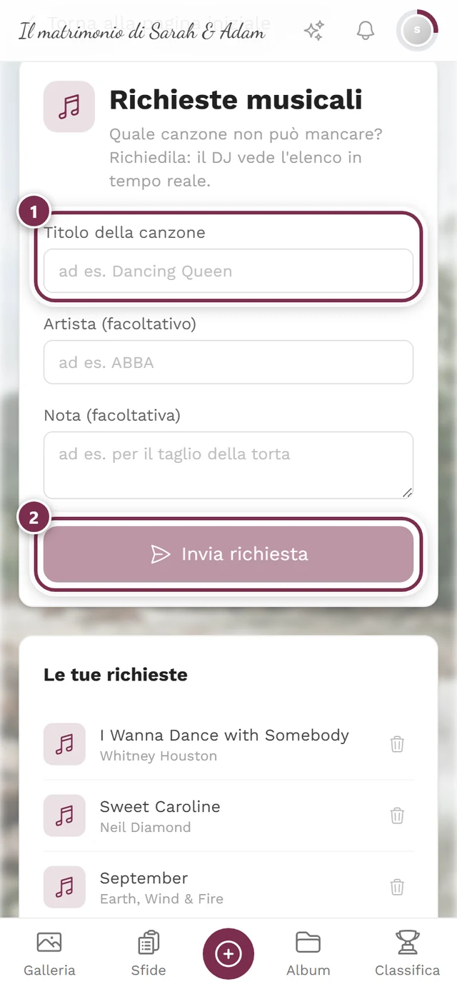 Modulo delle richieste dal punto di vista dell'invitato con anelli numerati attorno a titolo della canzone e invio