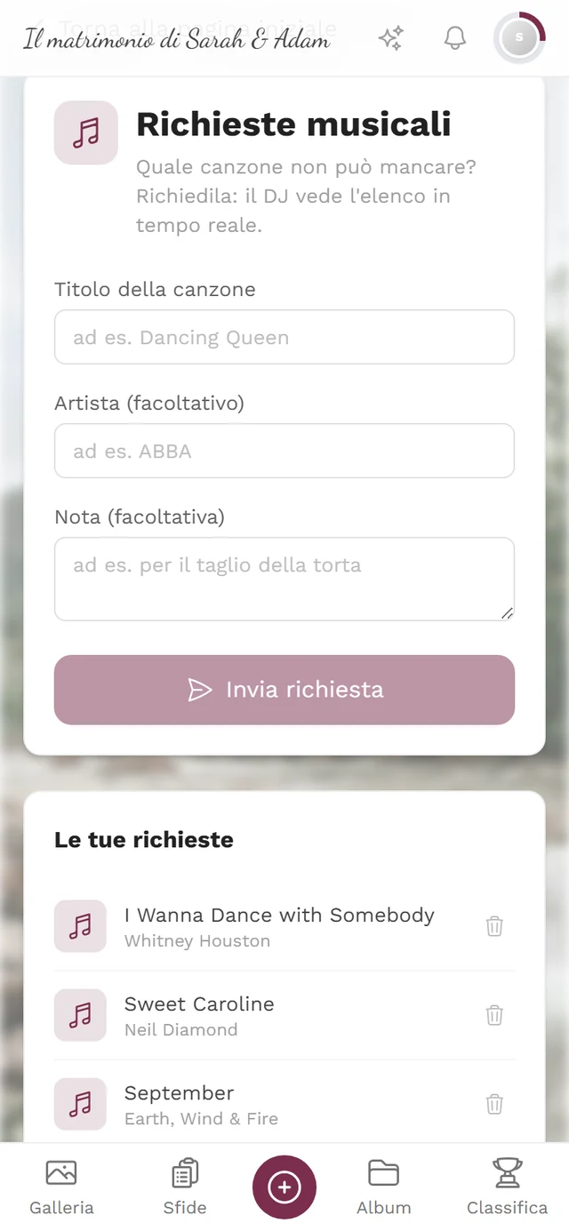 Modulo per le richieste musicali con i campi Titolo della canzone, Artista e Nota