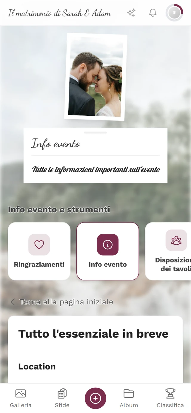 Pagina strumento Info evento vista da un invitato con sezioni su luogo, come arrivare e parcheggio