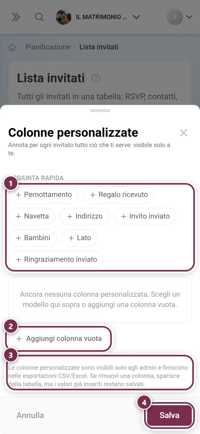 Finestra Colonne personalizzate con evidenziati la griglia dei modelli, Aggiungi colonna vuota, l'avviso per gli admin e Salva