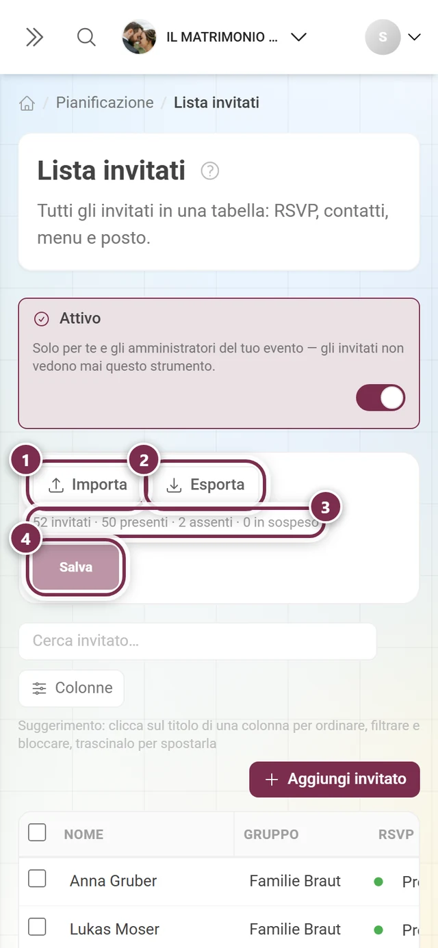 Barra delle azioni della lista invitati con evidenziati Importa, Esporta, la riga di conteggio e il pulsante Salva