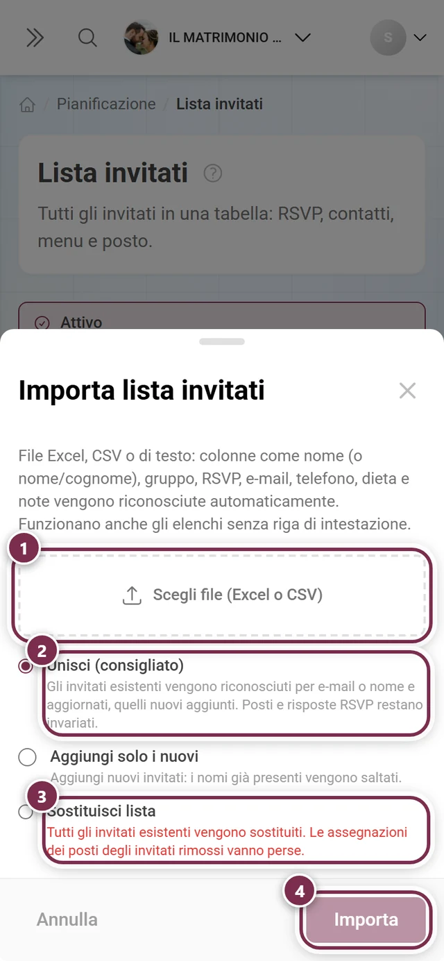 Finestra Importa lista invitati con evidenziati la scelta del file, le modalità Unisci e Sostituisci lista e il pulsante Importa