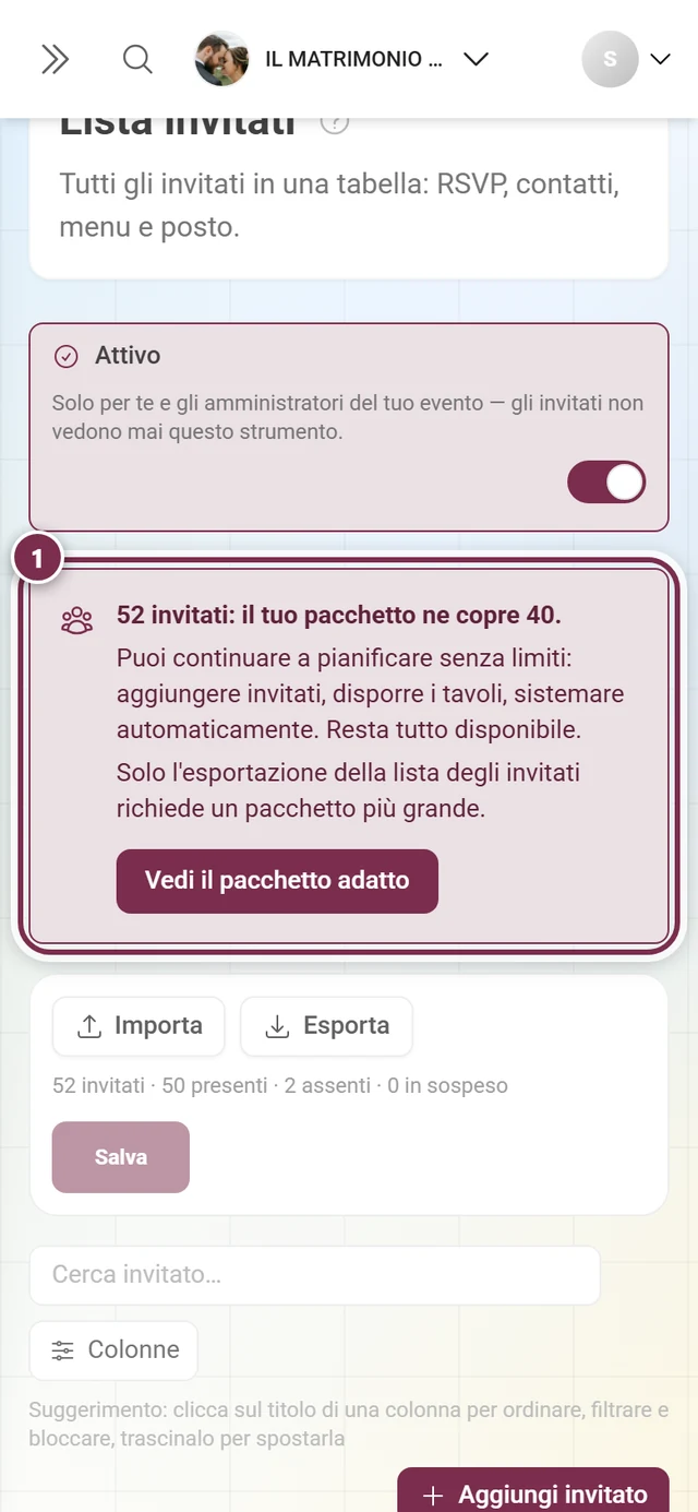Lista invitati con evidenziato il riquadro del limite sopra la barra delle azioni