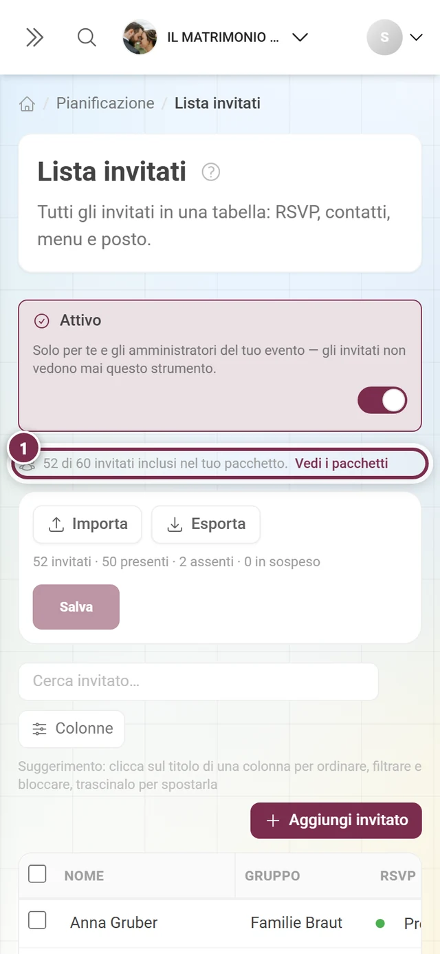Lista invitati con evidenziata una sottile fascia di avviso sopra la barra delle azioni