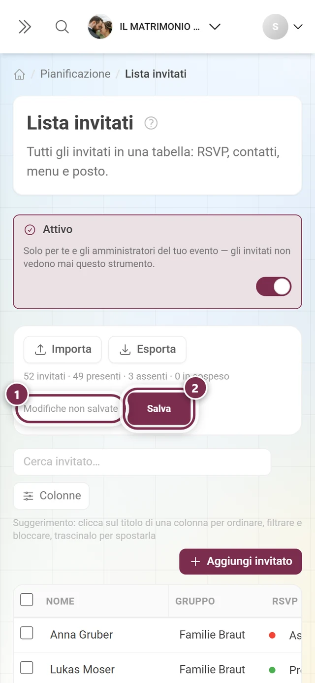 Barra delle azioni della lista invitati con evidenziati l'avviso Modifiche non salvate e il pulsante Salva attivo