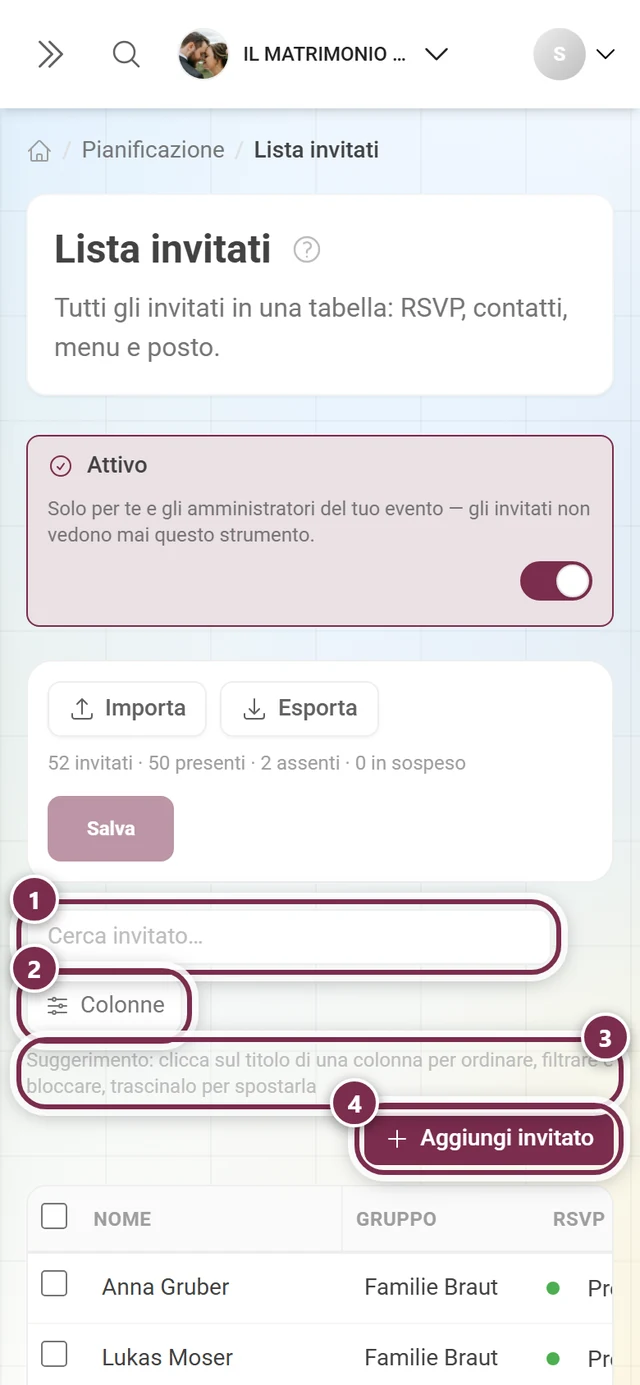 Barra sopra la tabella con evidenziati il campo di ricerca, il pulsante Colonne, il suggerimento d'uso e Aggiungi invitato