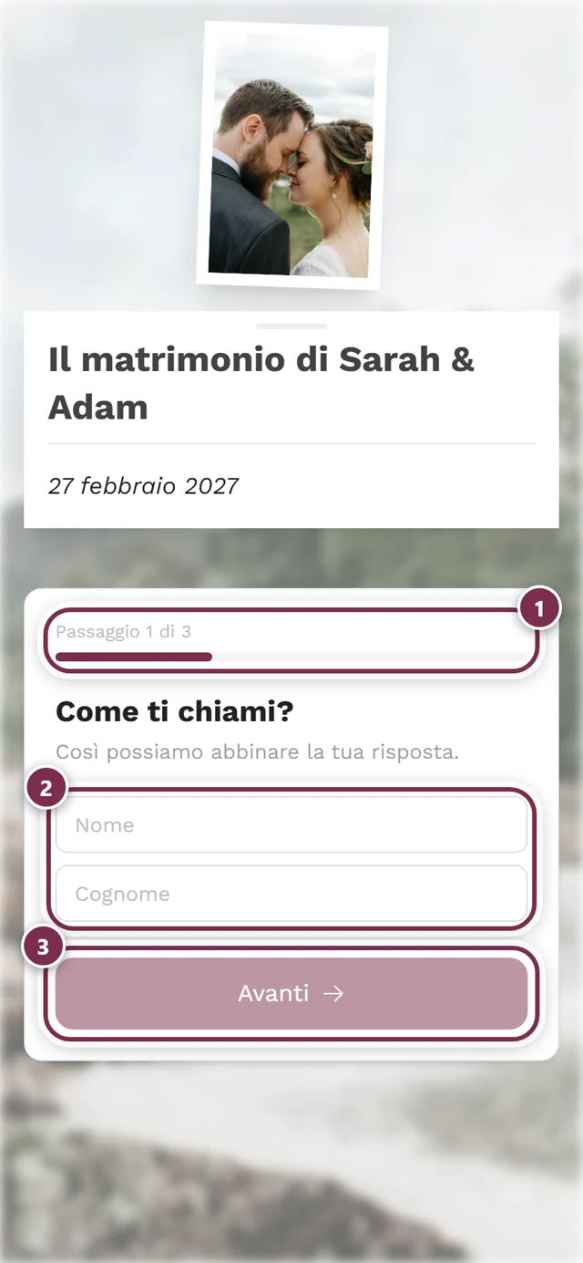 Il modulo RSVP visto da un invitato con indicatore dei passaggi e campo del nome