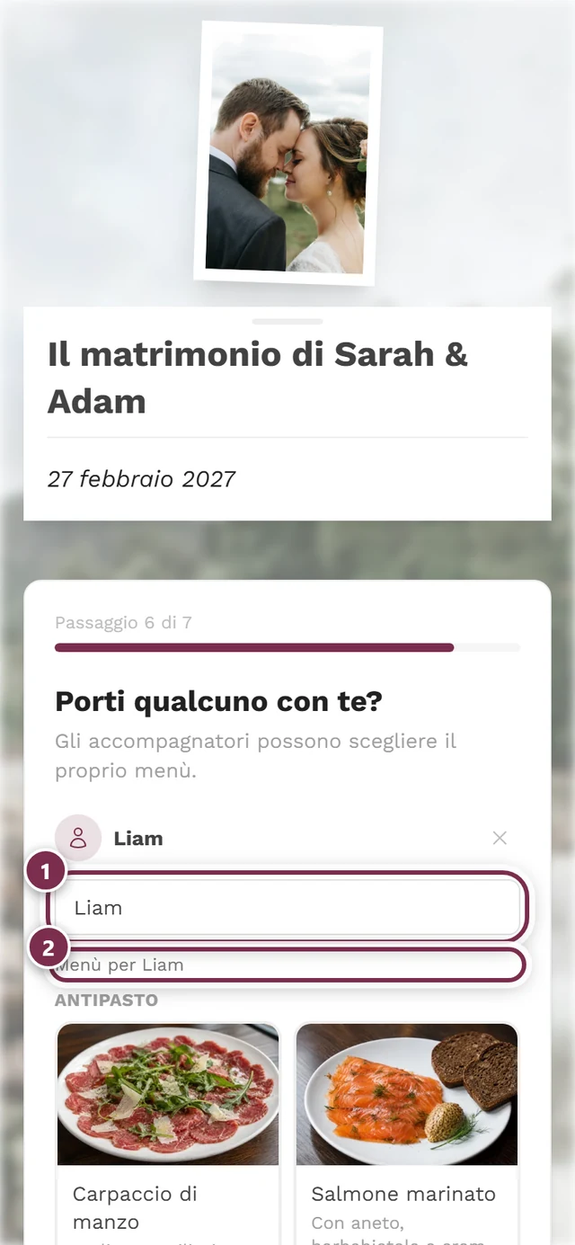 Passaggio degli accompagnatori con il campo del nome dell'accompagnatore e il titolo Menù per Jonas