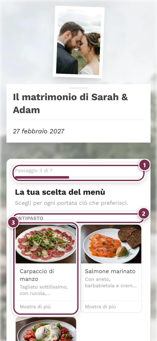 Passaggio del menù dell'assistente di risposta con gli antipasti tra cui scegliere
