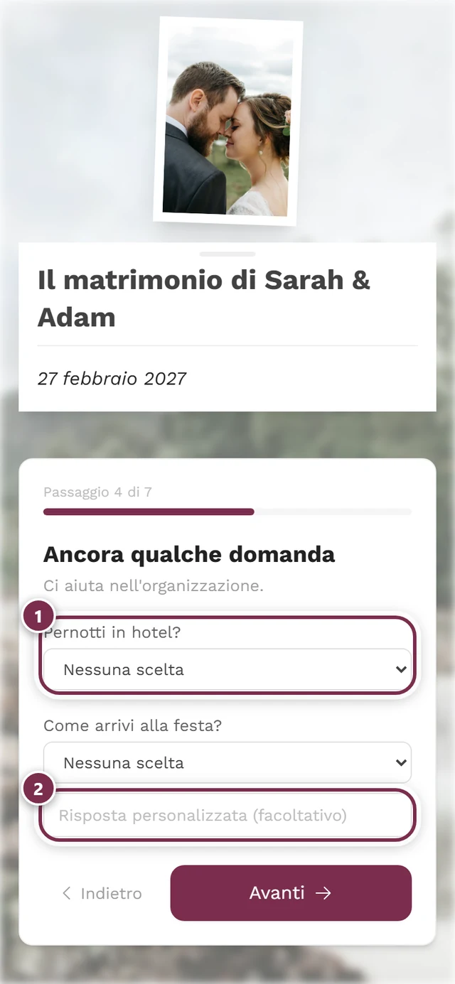 Passaggio Ancora qualche domanda con due menu a tendina e il campo Risposta personalizzata