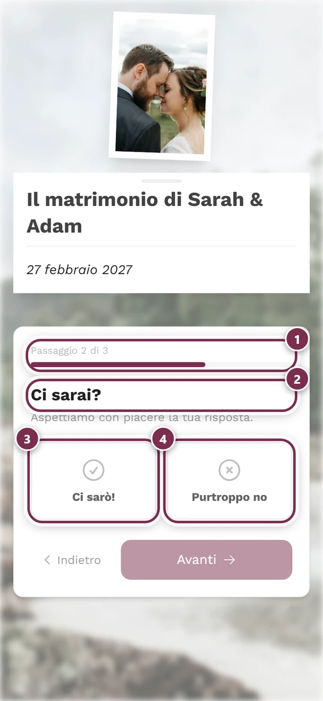 Secondo passaggio dell'assistente con le schede Ci sarò e Purtroppo no