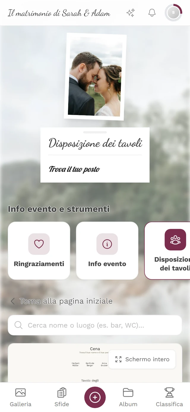Pagina della disposizione dei tavoli con il campo di ricerca sopra la piantina