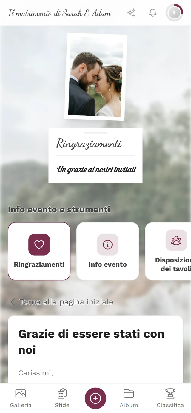 Ringraziamenti visti da un invitato con titolo, testo e il riquadro Ringraziamenti evidenziato