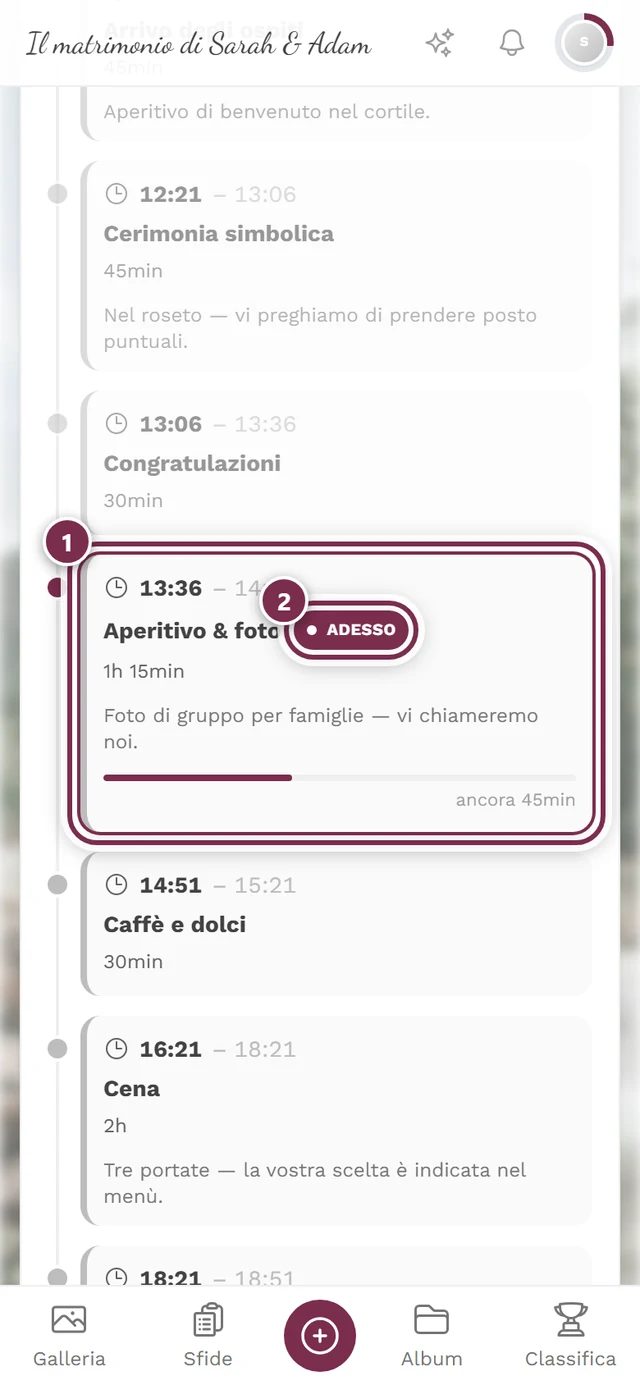 Programma durante l'evento con il punto in corso evidenziato e l'indicatore Adesso