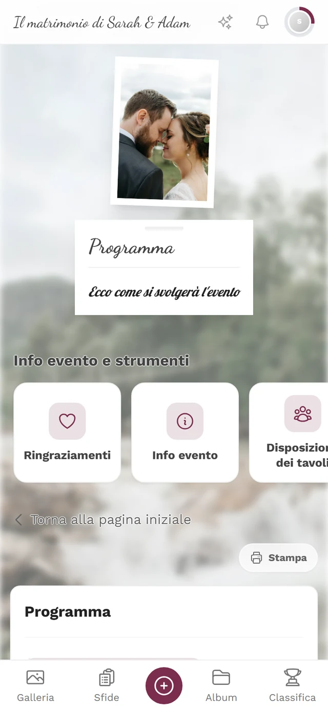 Pagina del programma con i punti dell'evento e il pulsante Stampa