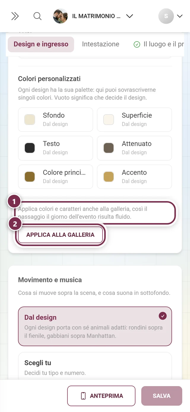 Applica alla galleria con cerchi numerati attorno all'avviso e al pulsante, sopra i sei ruoli di colore