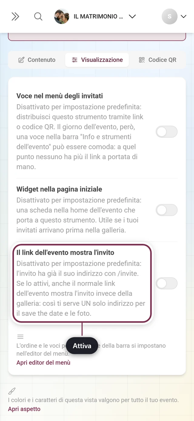 Scheda Visualizzazione dell'invito con l'interruttore del link dell'evento evidenziato