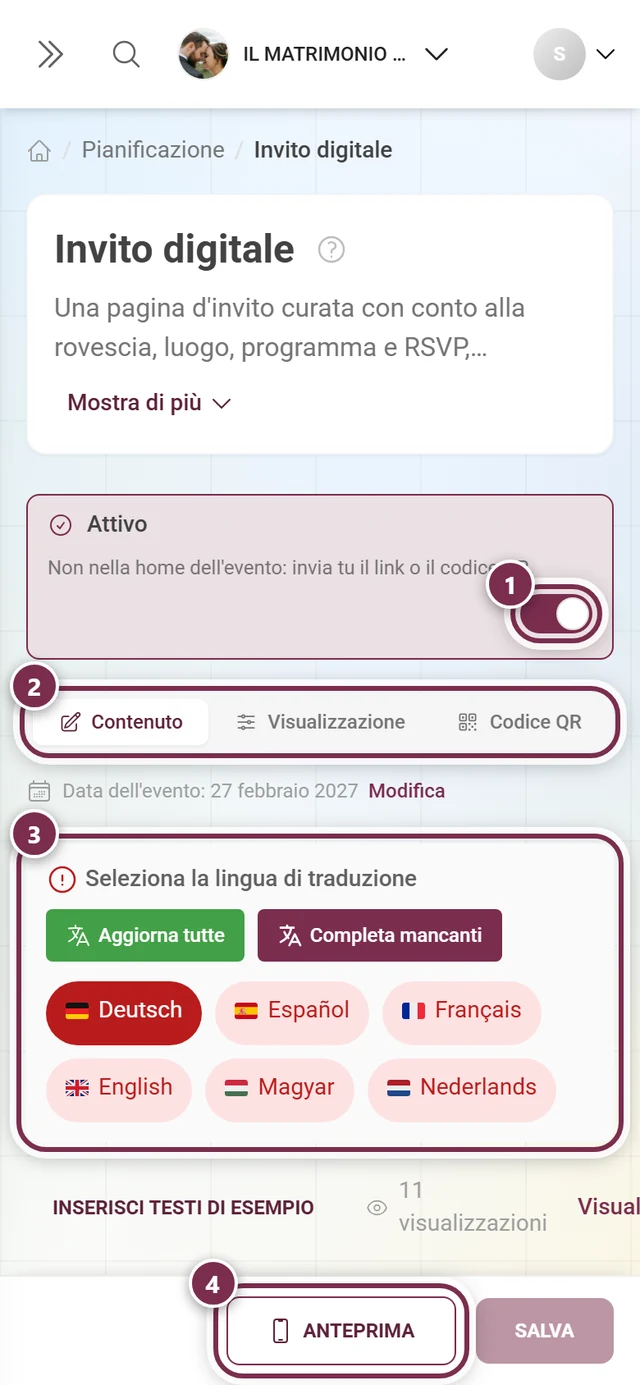Editor dell'invito digitale con l'interruttore principale evidenziato, le schede, il blocco delle lingue e il pulsante Anteprima