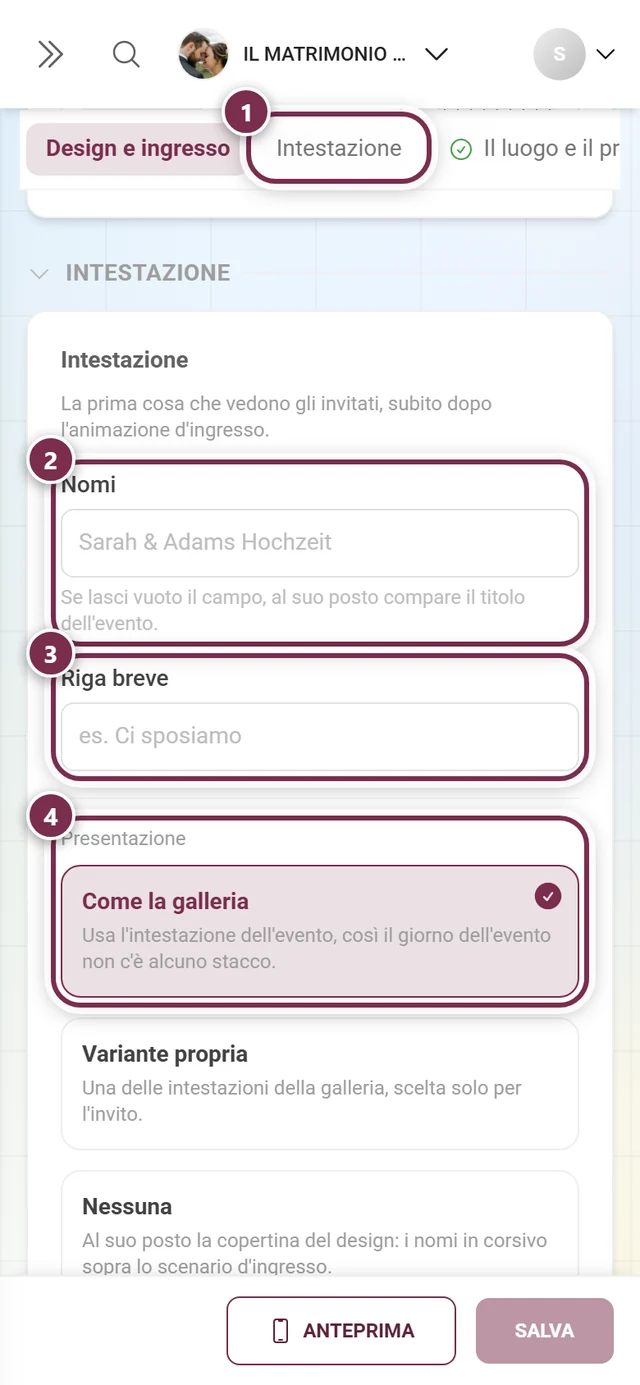 Sezione Intestazione con cerchi numerati attorno al segnalibro, Nomi, Riga breve e Presentazione