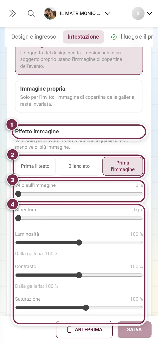 Effetto immagine con cerchi numerati attorno al titolo, alle tre preimpostazioni, al cursore del velo e agli altri quattro cursori