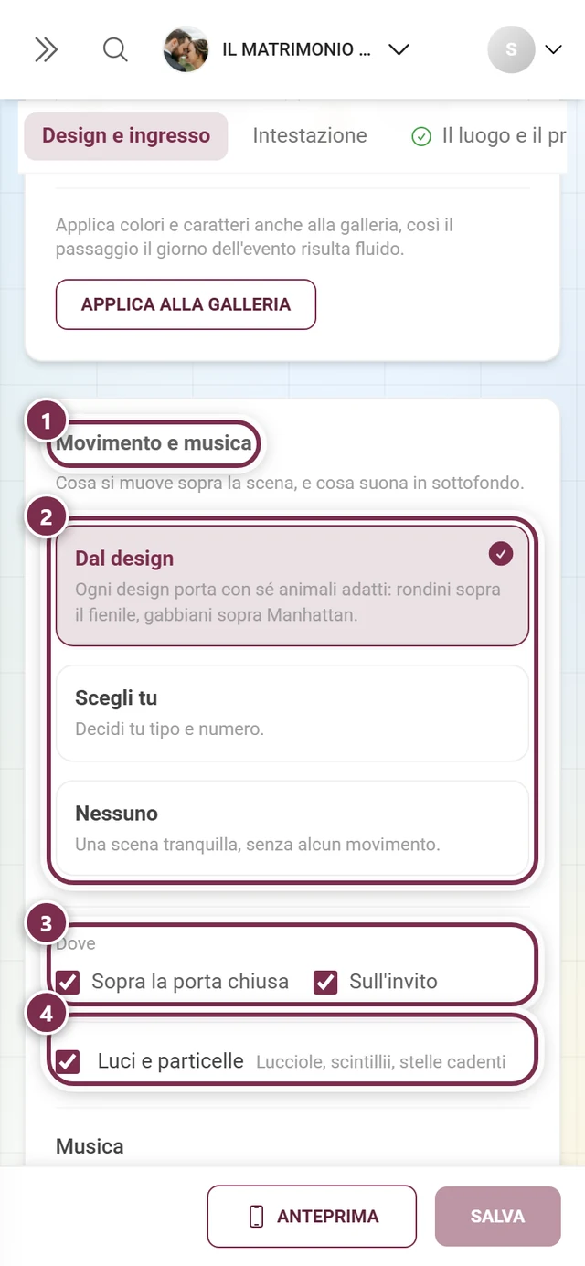Sezione Movimento e musica con cerchi numerati attorno al titolo, ai tre riquadri, alle spunte Dove e a Luci e particelle