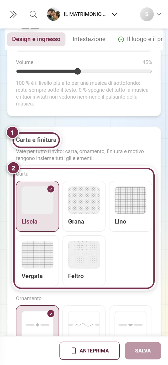 Sezione Carta e finitura con cerchi numerati attorno al titolo e alla scelta della carta