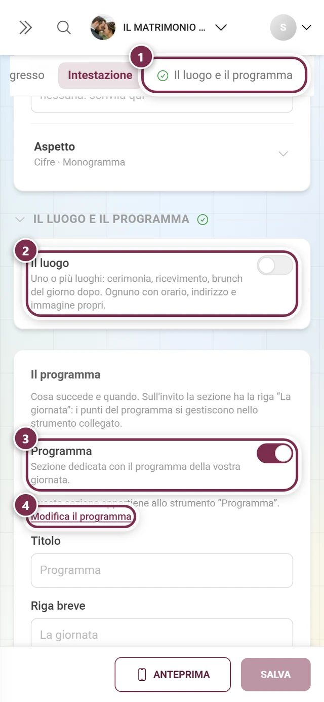 Sezione Il luogo e il programma con cerchi numerati attorno al segnalibro, a entrambi gli interruttori e a Modifica il programma