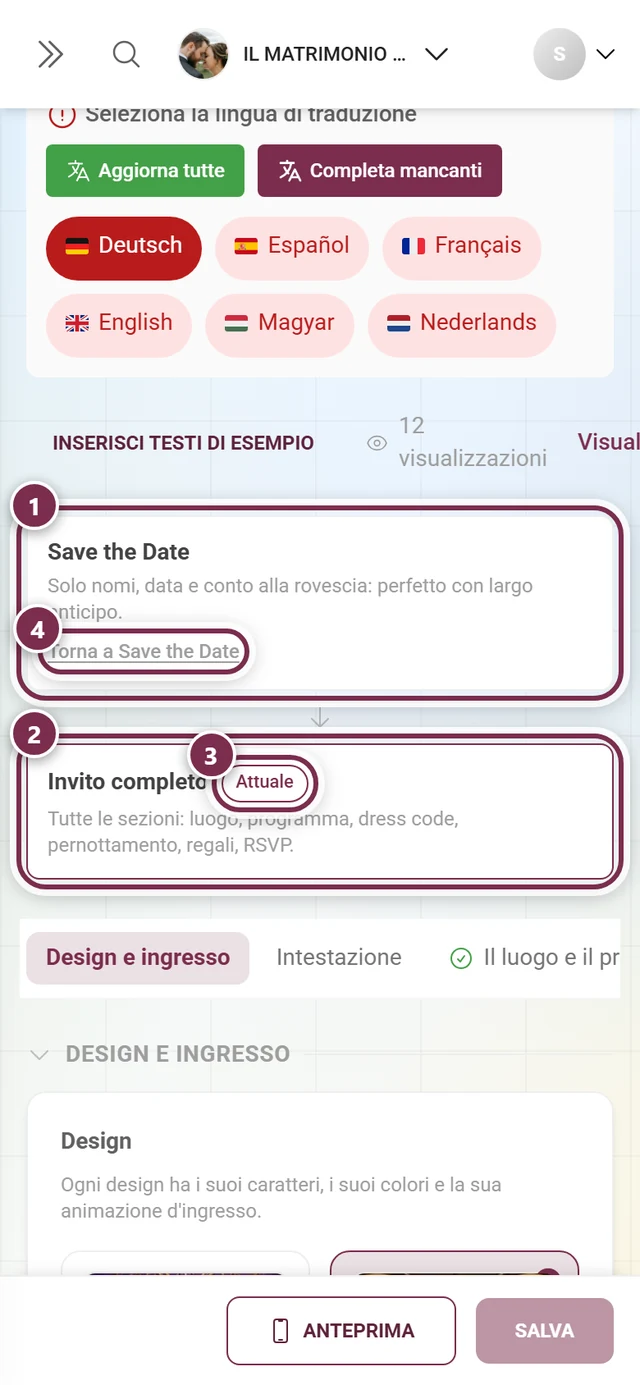 I due riquadri Save the Date e Invito completo con cerchi numerati