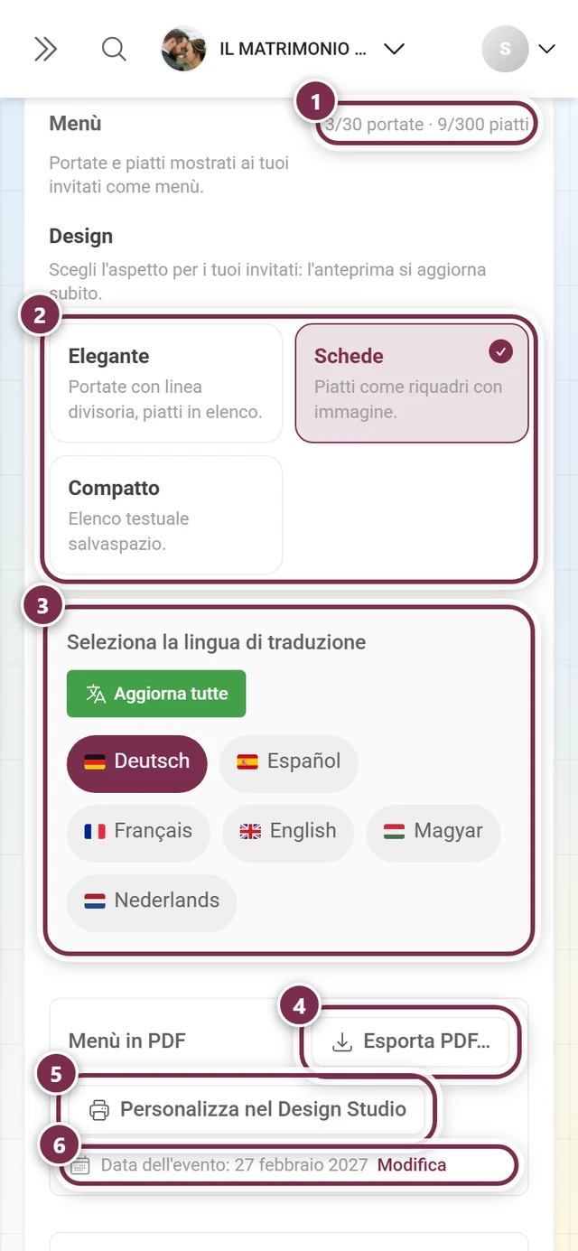 Parte superiore della scheda Contenuto con contatore, i tre riquadri di design, la scelta della lingua e i pulsanti di esportazione
