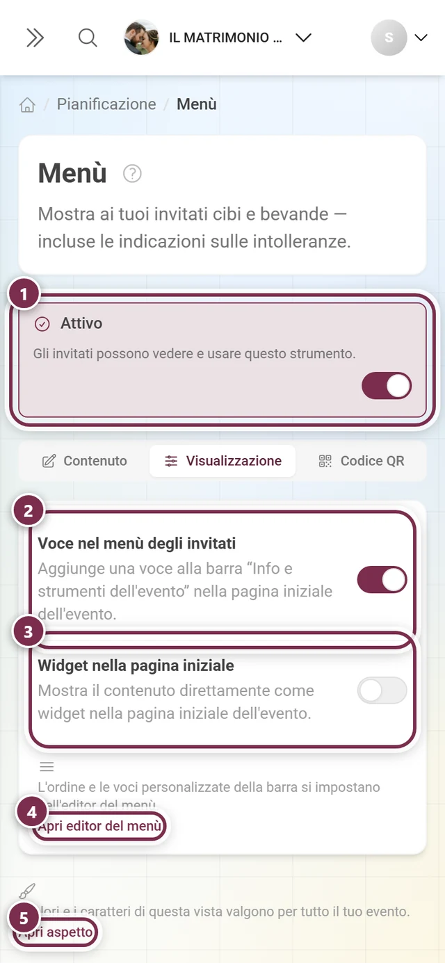 Scheda Visualizzazione dello strumento Menù con l'interruttore Attivo, Voce nel menù degli invitati e Widget nella pagina iniziale