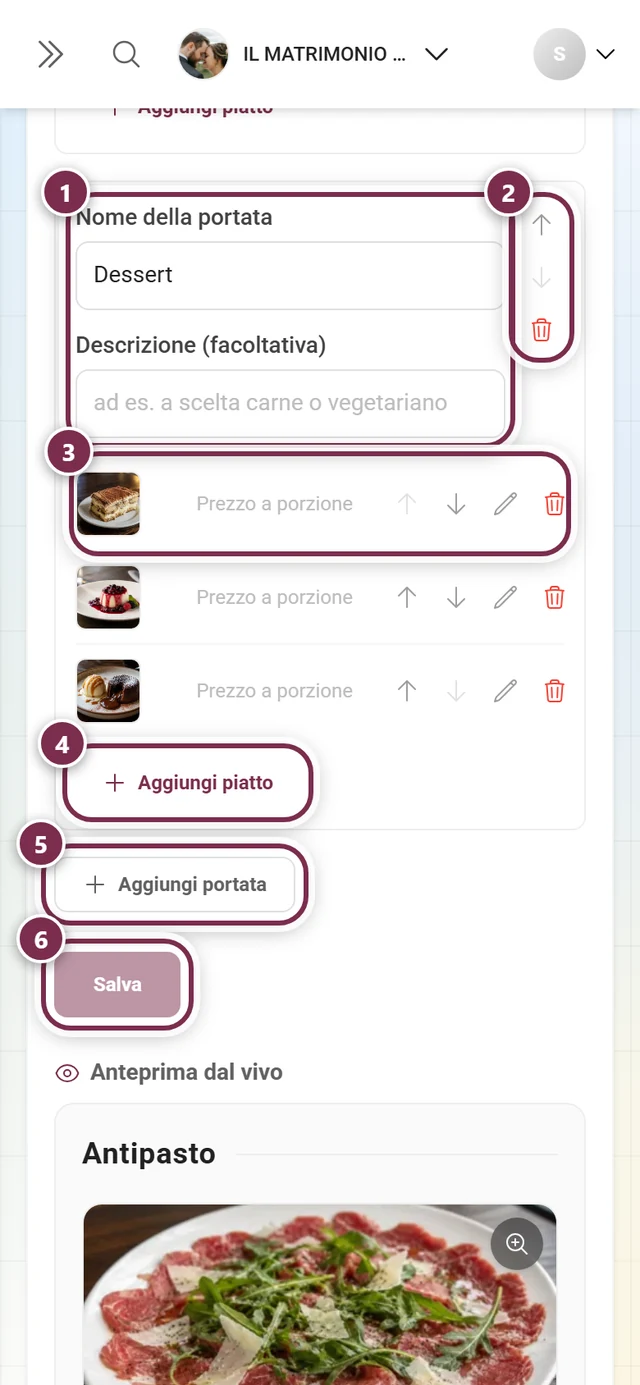 Editor del menù con la portata Dessert e i piatti Tiramisù, Panna cotta e Torta al cioccolato