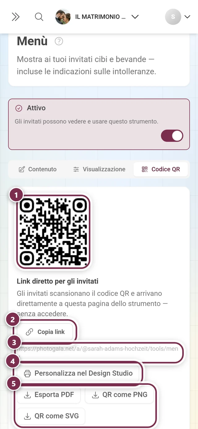Scheda Codice QR dello strumento Menù con codice QR, link diretto e i pulsanti Copia link, Crea nel Design Studio, Esporta PDF, QR come PNG e QR come SVG