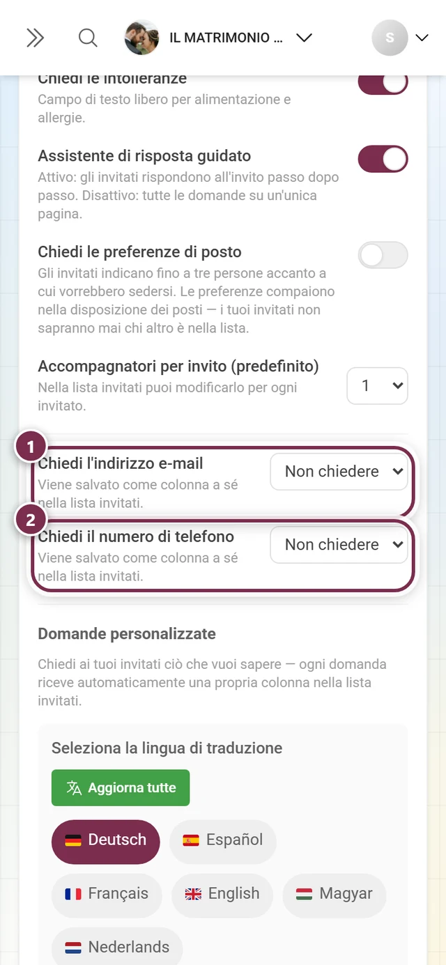 Le due richieste di contatto per indirizzo e-mail e numero di telefono
