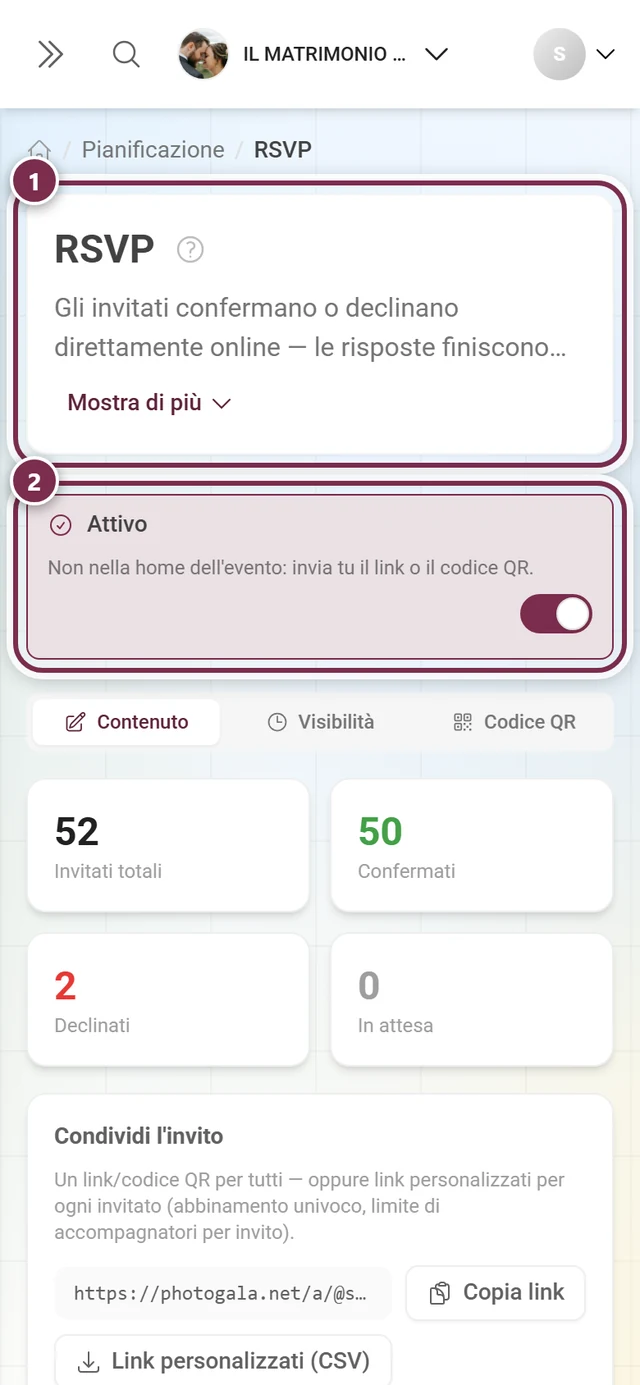 Intestazione dell'editor RSVP con il titolo e la striscia Attivo