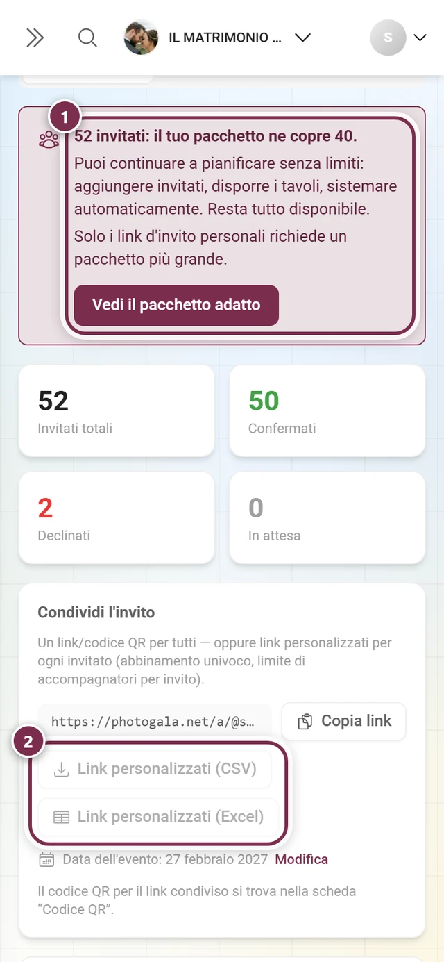 Riquadro del limite sopra l'editor e i pulsanti disattivati per i link personalizzati