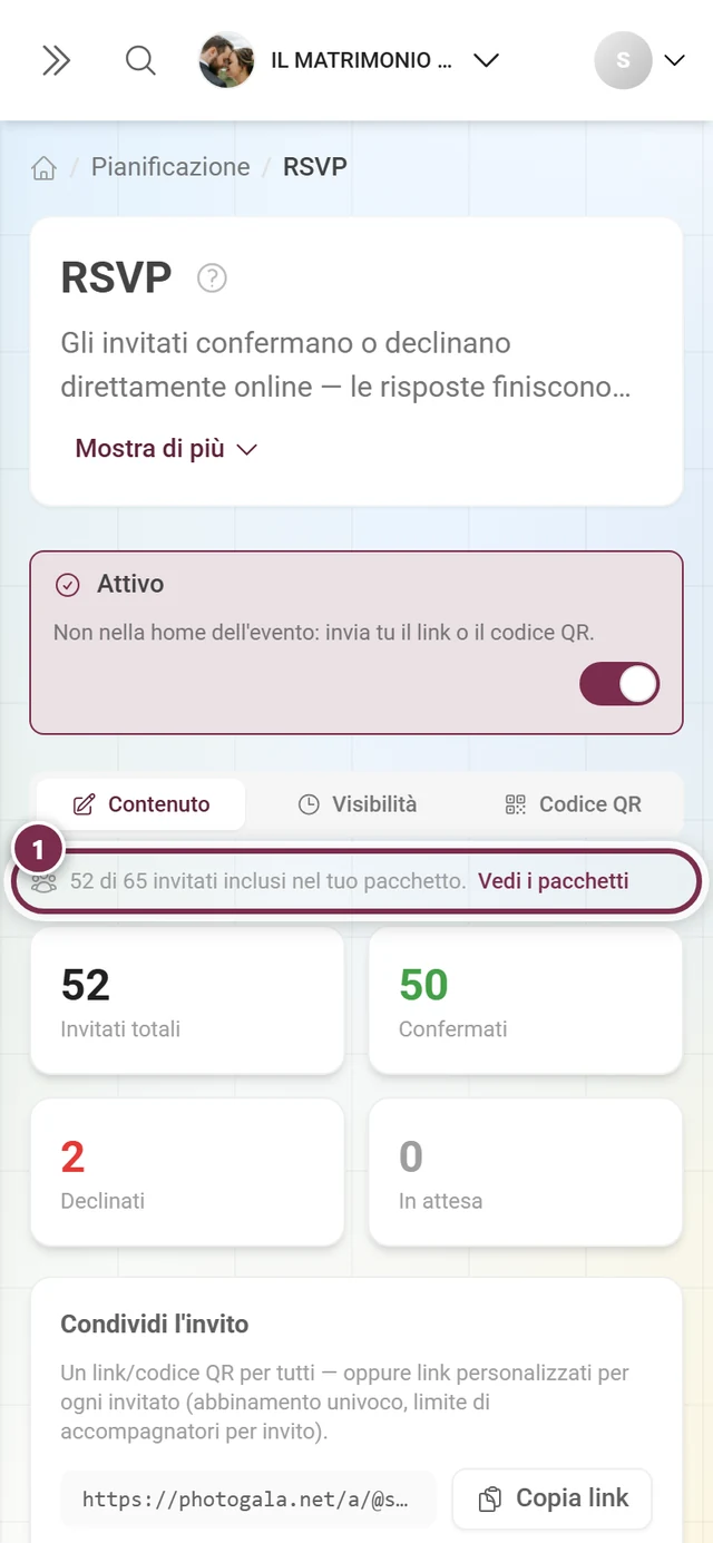 Sottile riga di avviso sopra i numeri: 52 di 65 invitati inclusi nel tuo pacchetto