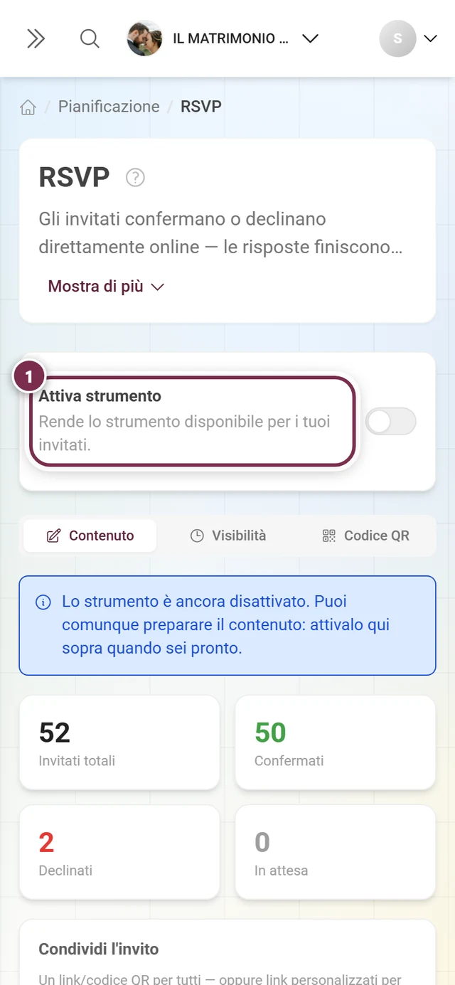 La scheda Attiva strumento disattivata con l'avviso blu sotto