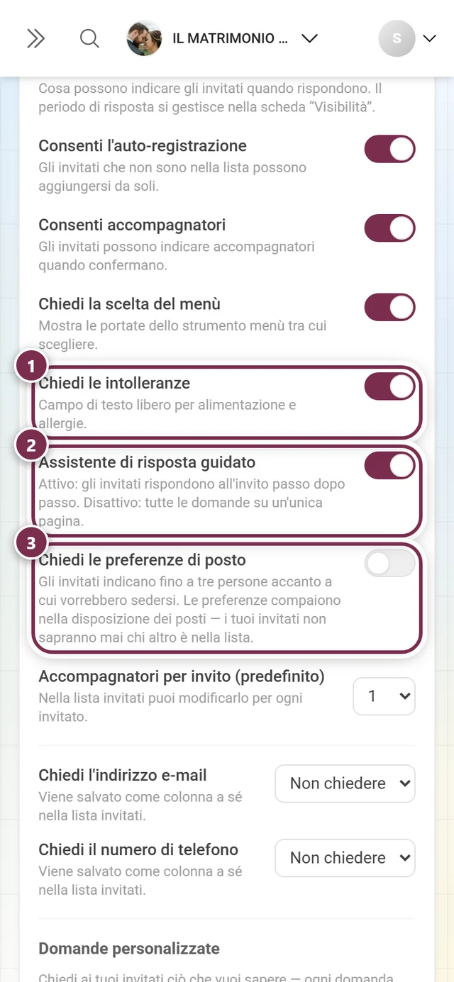 Le tre opzioni di risposta successive: intolleranze, assistente di risposta e preferenze di posto