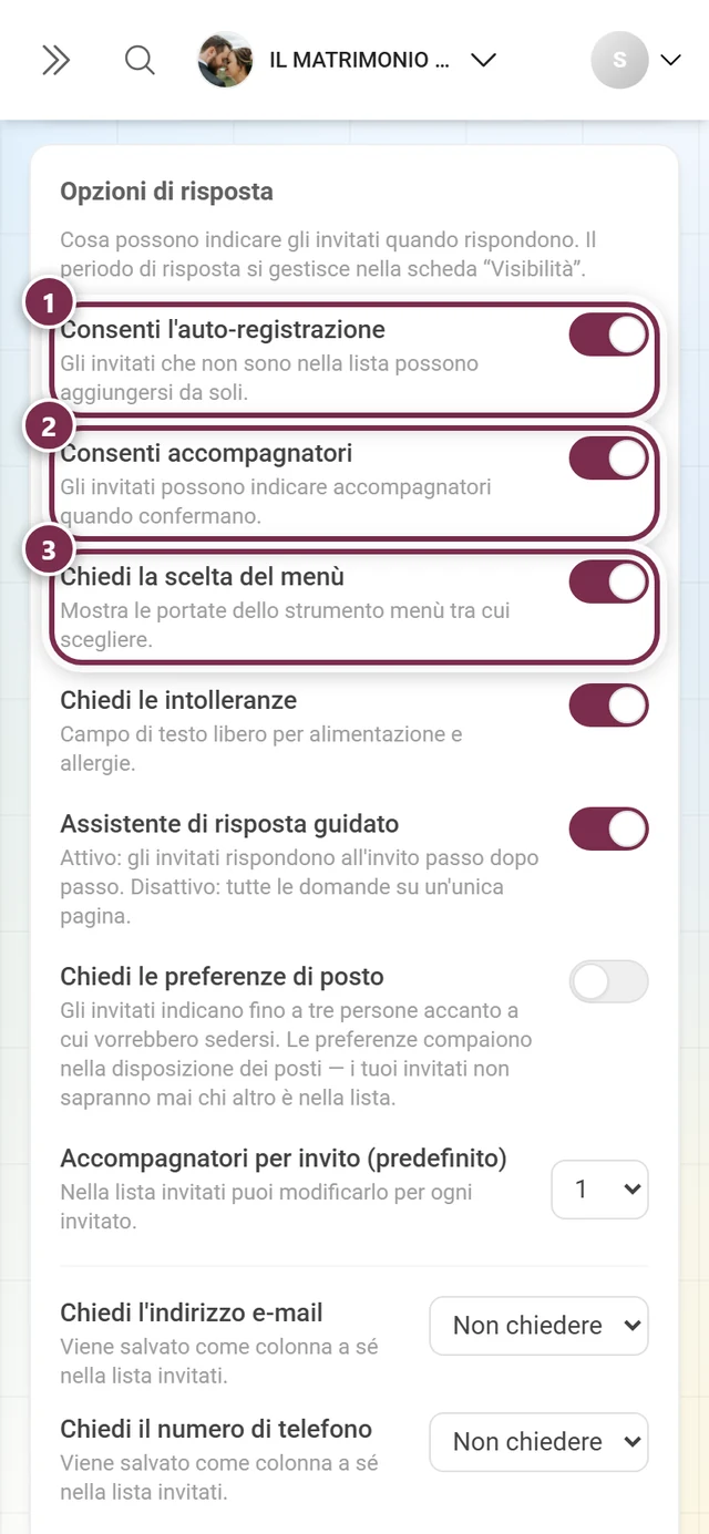 Le prime tre opzioni di risposta: auto-registrazione, accompagnatori e scelta del menù