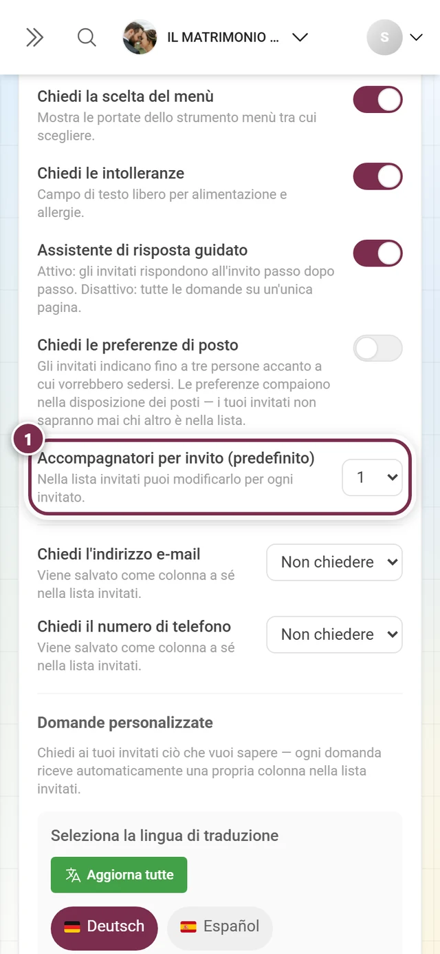 Il menu a tendina Accompagnatori per invito (predefinito)