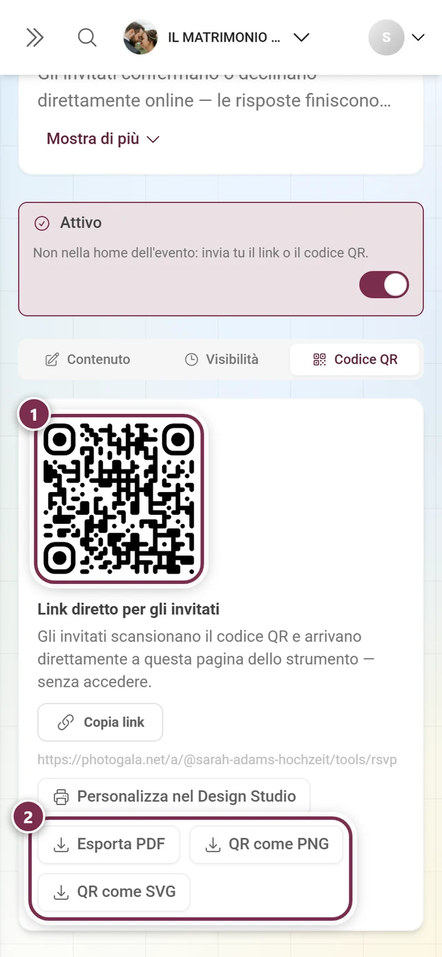 Scheda Codice QR con il codice, il link diretto e i tre pulsanti per i file