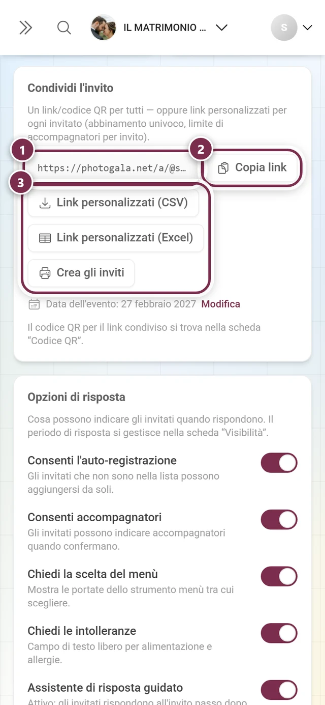 Sezione Condividi l'invito con indirizzo, Copia il link e i tre pulsanti di invio