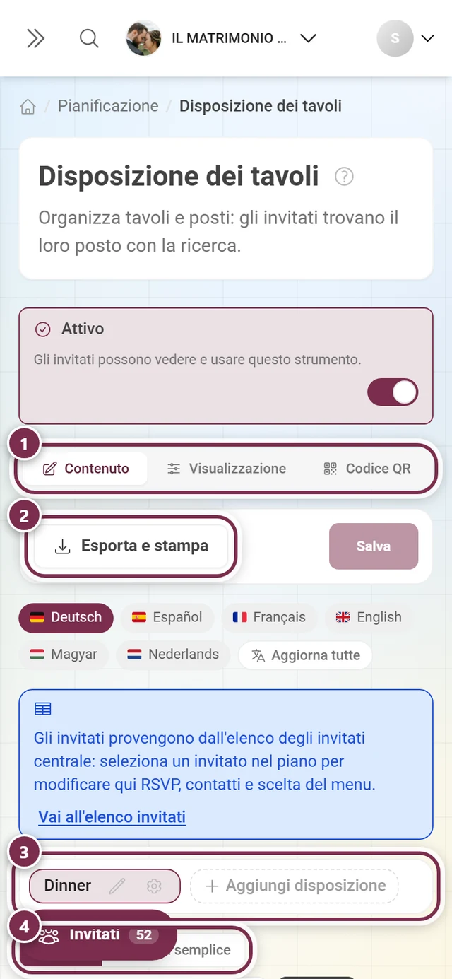 Editor del piano dei posti con l'avviso blu sulla lista invitati centrale e la selezione del piano