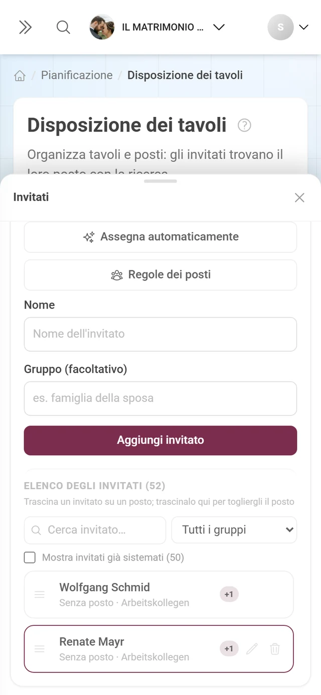 Pannello invitati accanto alla pianta della sala con ricerca, avanzamento e i pulsanti Assegna automaticamente e Regole dei posti