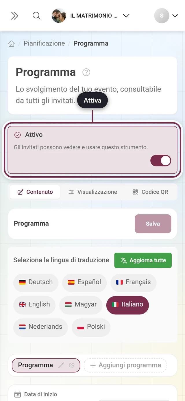 Editor dello strumento con la striscia Attivo evidenziata sopra le schede