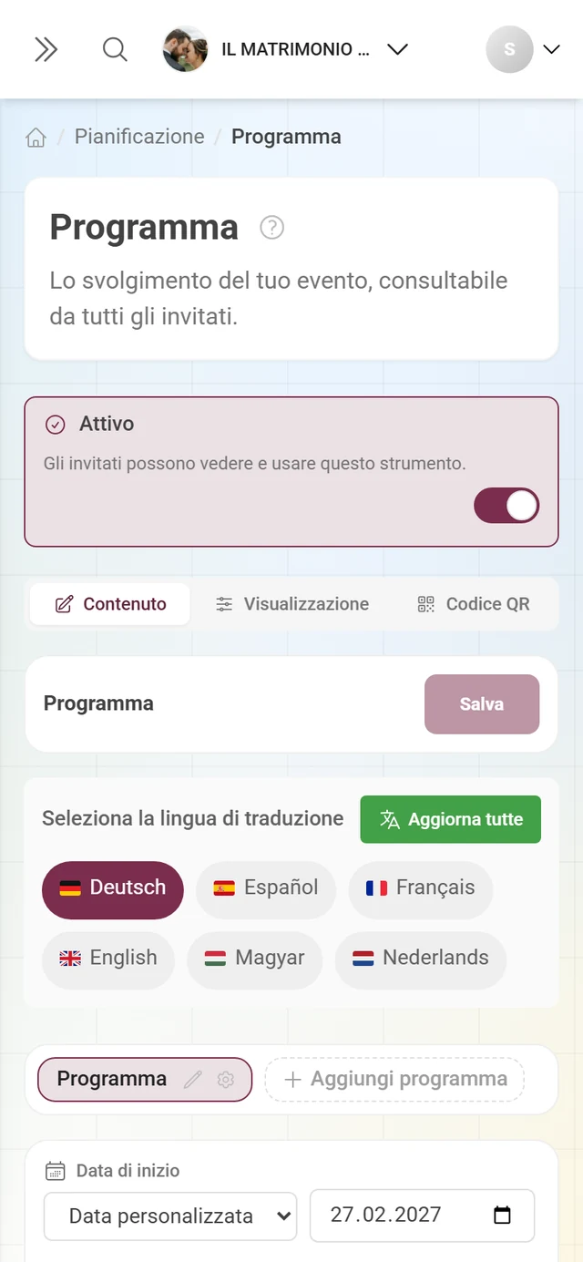 Editor di uno strumento con la striscia Attivo e la barra delle schede