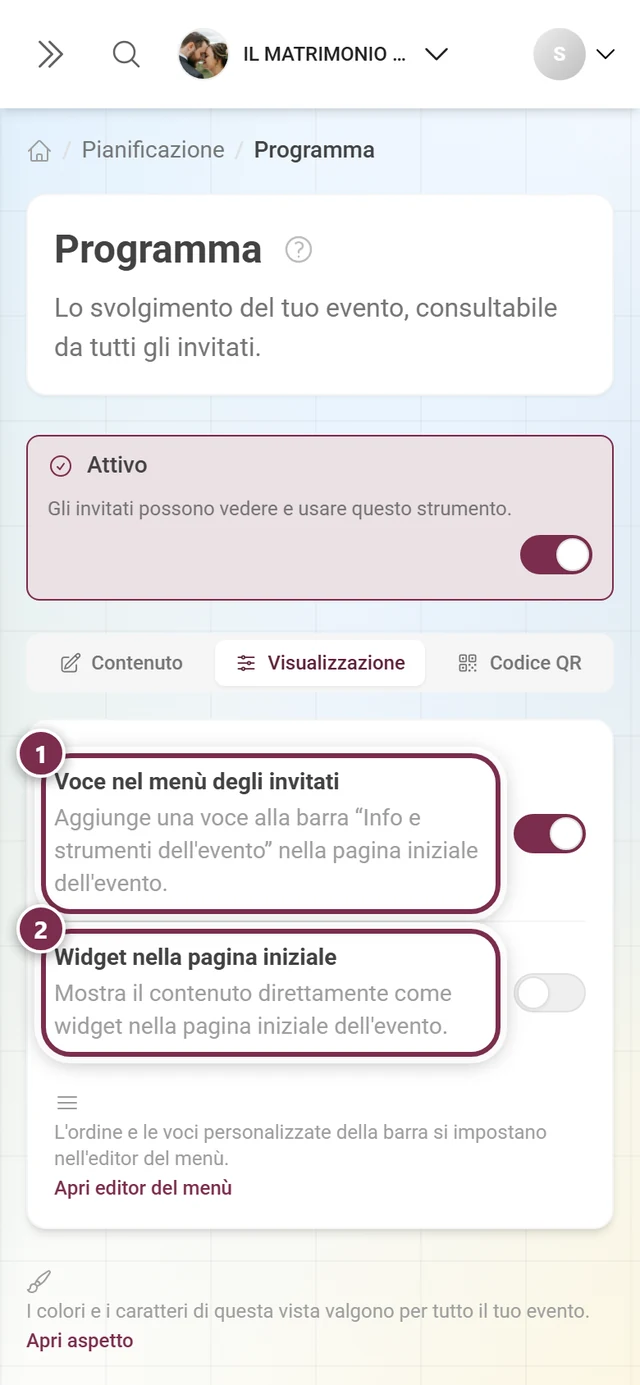 Scheda Visualizzazione con anelli numerati attorno ai due interruttori