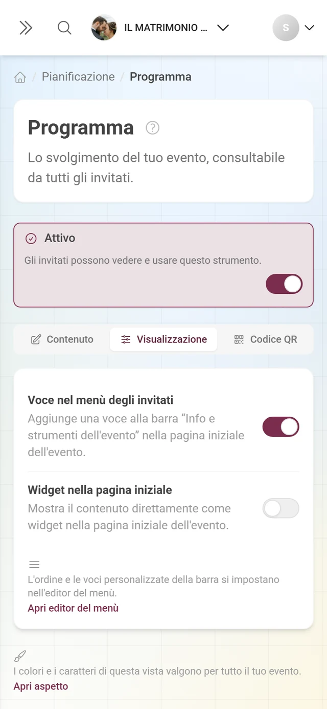 Scheda Visualizzazione con gli interruttori per widget e menù degli invitati
