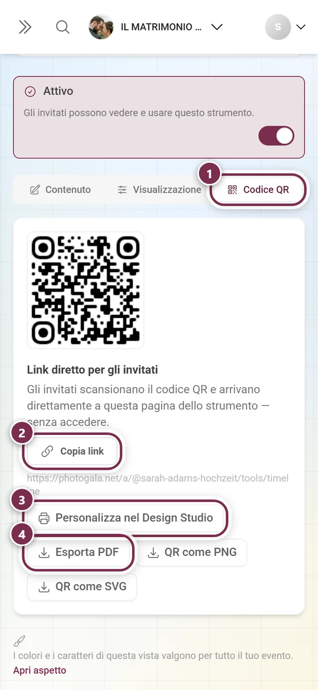 Scheda Codice QR con anelli numerati attorno alla scheda, Copia link, Crea nel Design Studio ed Esporta PDF