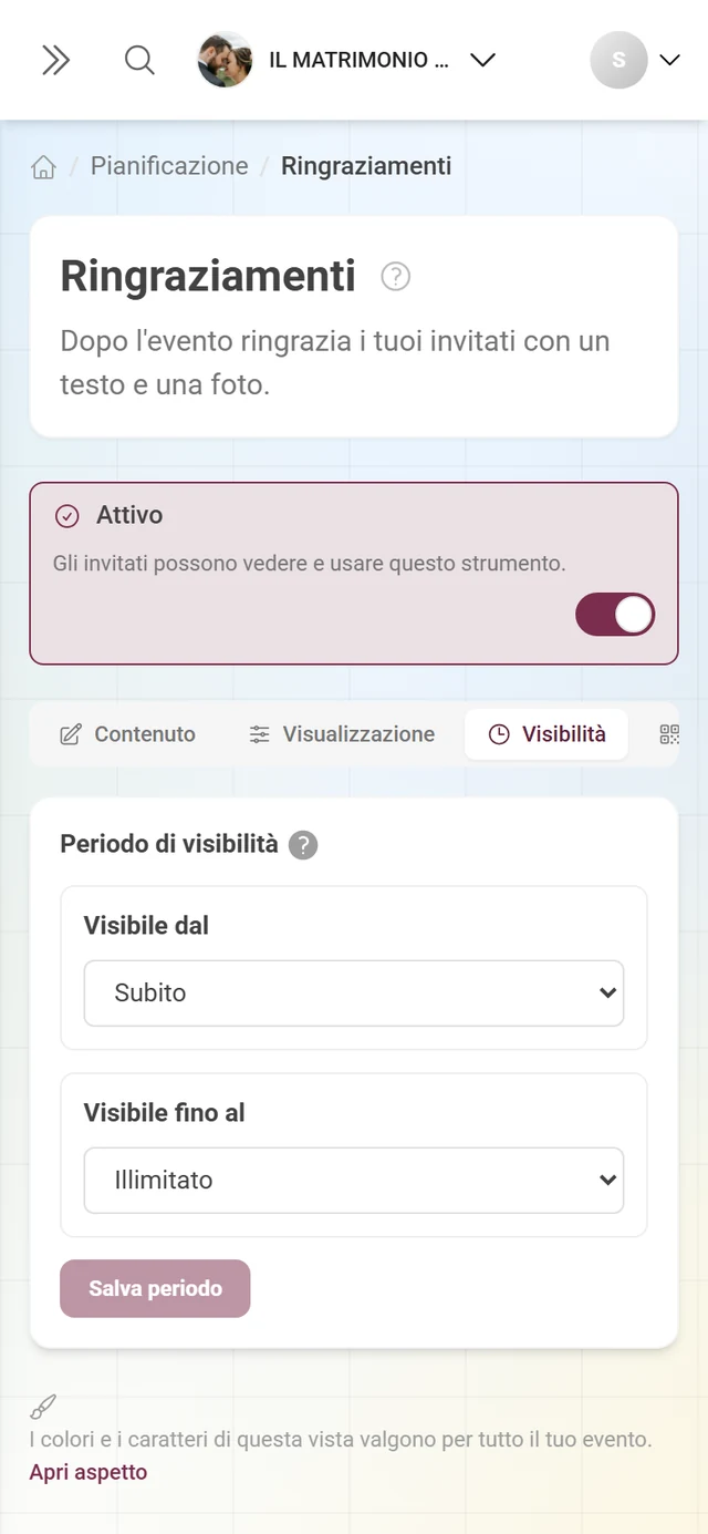 Scheda Visibilità con le modalità per inizio e fine